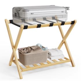 Folding Bamboo Luggage Rack 29X28X3 Inch, Foldable Suitcase Stand With Lower Storage Shelf, Guest Room Luggage Holder For Hotel & Bedroom (Option: Default)