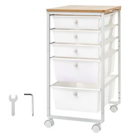 Rolling Cart With Drawers, 5 Drawer Storage Organizer, Mobile Utility Cart With Wood Top, Steel Frame, Universal Casters & 2 Brakes, For Office, (Option: Default)