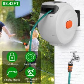 Retractable Garden Hose Reel Wall Mounted Automatic Water Hose Reel with Any Length Lock 8 Pattern Spraying Modes 180° Swivel Bracket (Option: Beige)