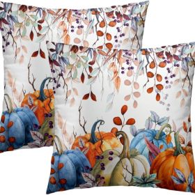 Orange And Blue Autumn Pumpkins Throw Pillow Covers 18X18 Inches Set Of 2 Fall Maple Leaves Pillowcase Soft Cotton Square Thankgiving Cushion (Option: COLORFUL)